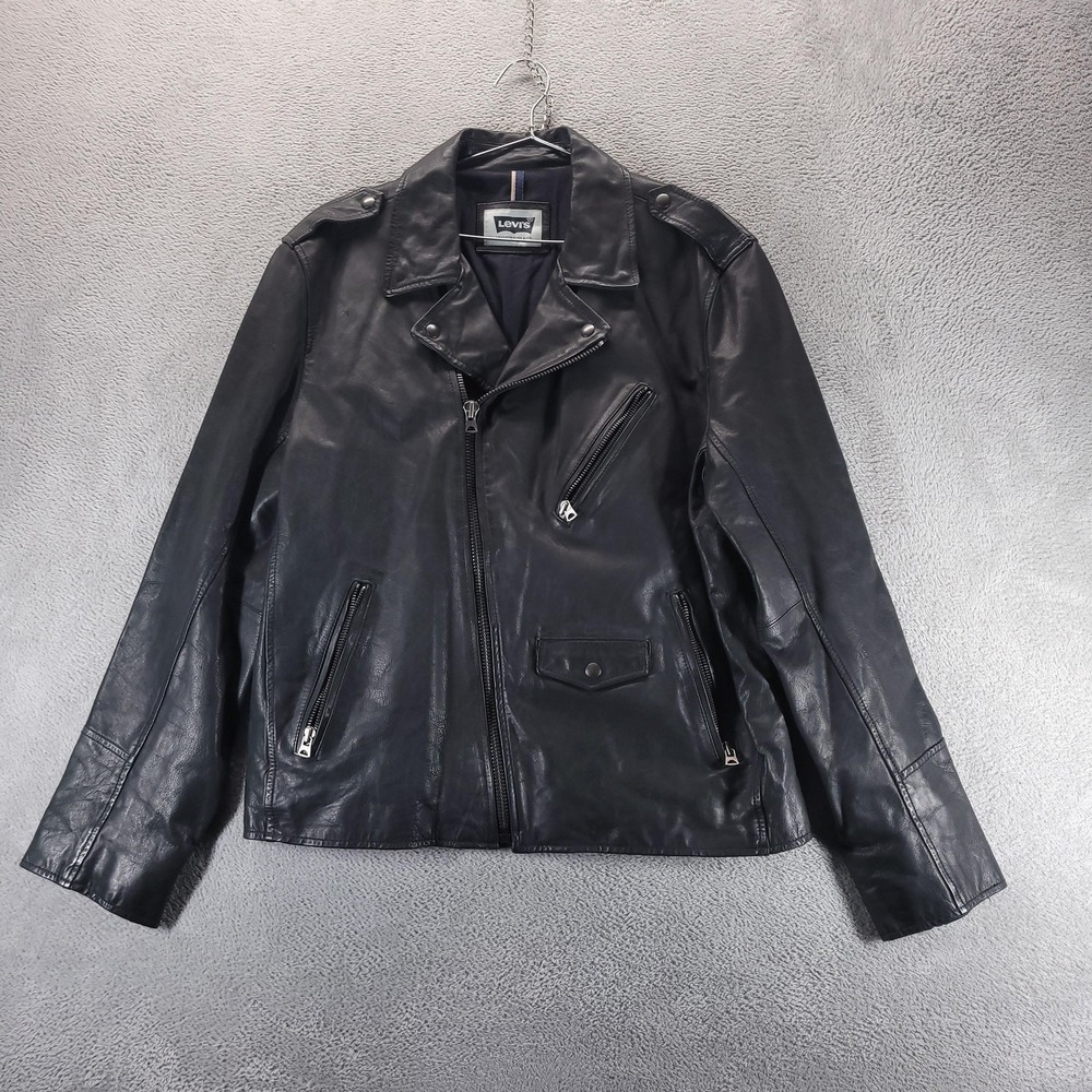 Levis Jacket Mens XL Black Genuine Leather Motorcycle Biker Zip Pockets Lined